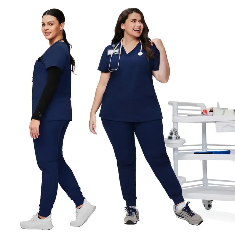 Medical Scrub Pants for Women - Mid Rise 4-Way Stretch Anti-Wrinkle Slim Fit Jogger Pants, Drawstring & 5 Pockets Medium Tall Navy Blue