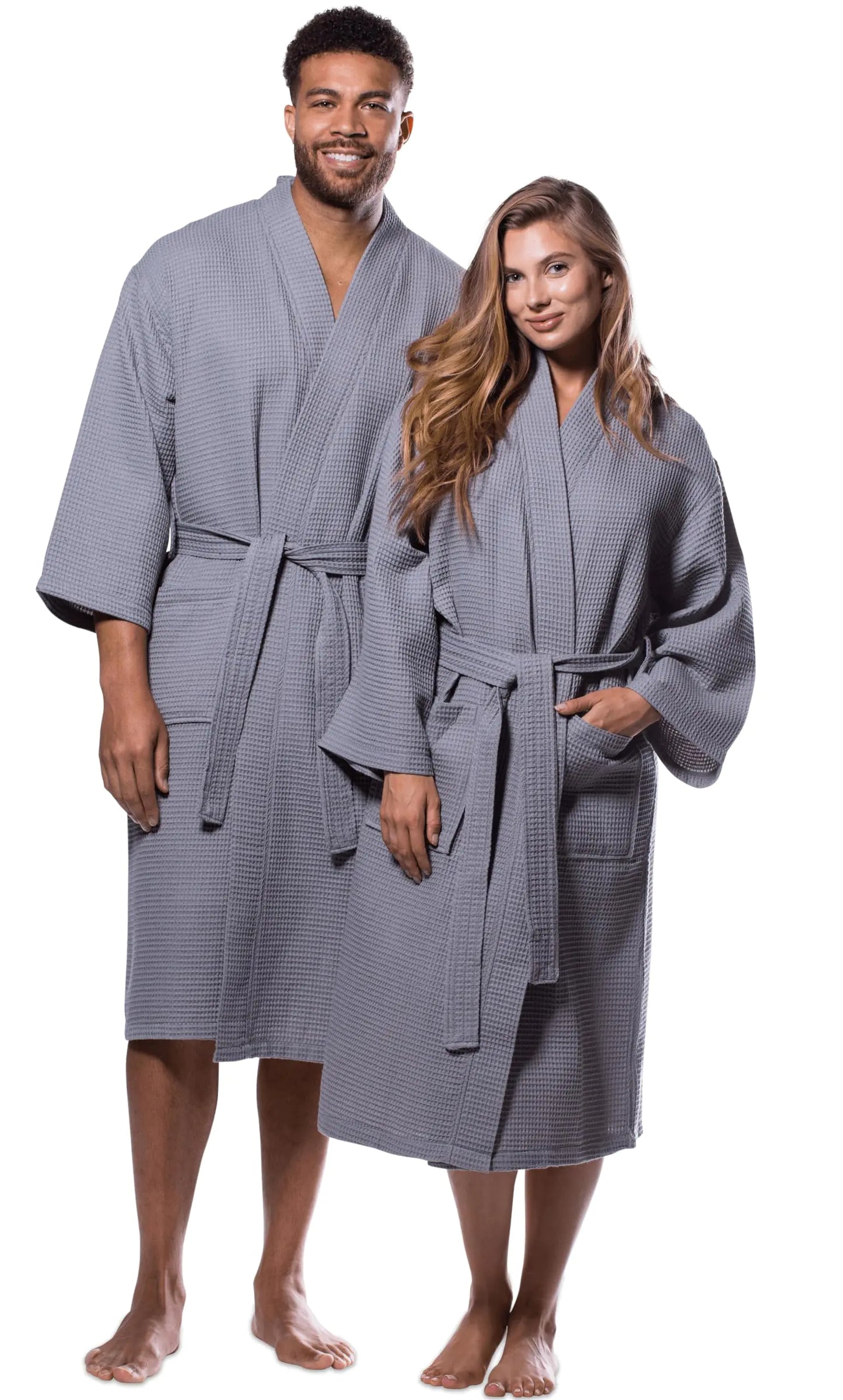 Turquaz Lightweight Full-Length Robes For Women Waffle Kimono Bathrobe - Soft, Fast-Drying, Long-Lasting Cotton Blend Unisex One Size Gray