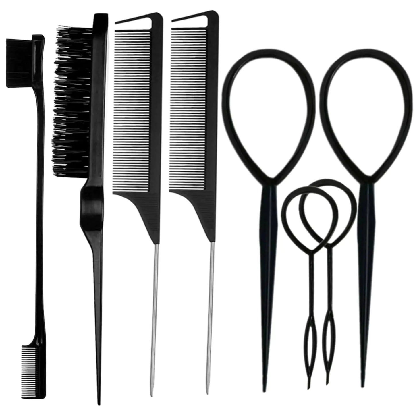 8Pcs Black Hair Brushes Set with 4Pcs Topsy Tail Tools, Teasing Bristle Brush, Edge Control Brush, and 2Pcs Metal Pin Rat Tail Combs for Women's Hair Styling and Brushing