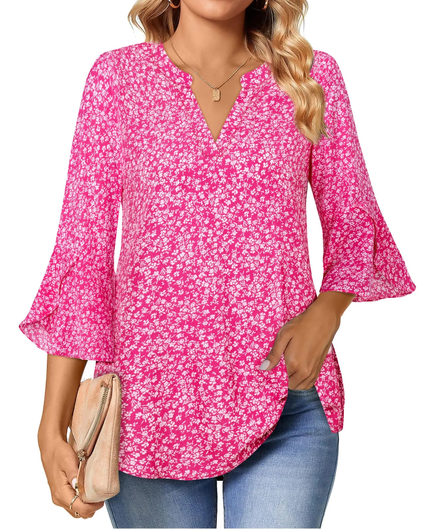 Gaharu Women's Work Blouses Ruffle 3/4 Sleeve Dressy Top V Neck Casual Chiffon Tunic Blouses Business Shirts X-Large Hot Pink