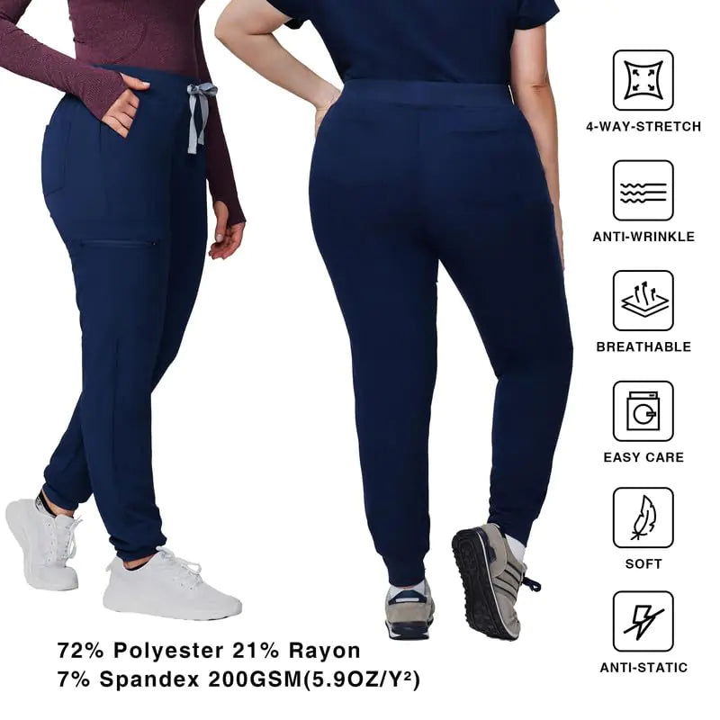 Medical Scrub Pants for Women - Mid Rise 4-Way Stretch Anti-Wrinkle Slim Fit Jogger Pants, Drawstring & 5 Pockets Medium Tall Navy Blue