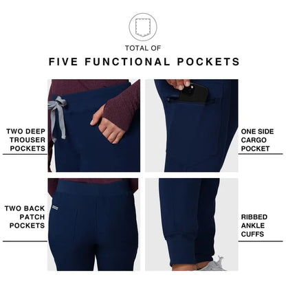 Medical Scrub Pants for Women - Mid Rise 4-Way Stretch Anti-Wrinkle Slim Fit Jogger Pants, Drawstring & 5 Pockets Medium Tall Navy Blue