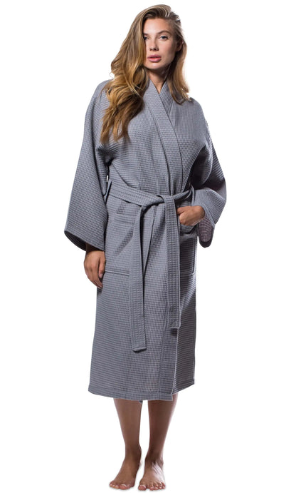 Turquaz Lightweight Full-Length Robes For Women Waffle Kimono Bathrobe - Soft, Fast-Drying, Long-Lasting Cotton Blend Unisex One Size Gray