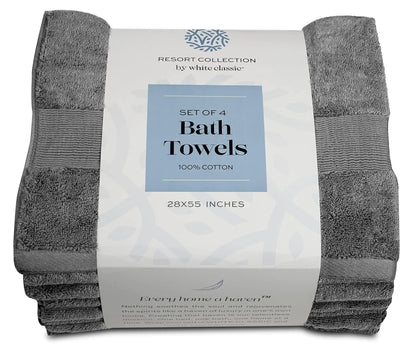 4 Pack Resort Collection Soft Bath Towels 28x55 in Hotel Plush Cotton Smoke Grey