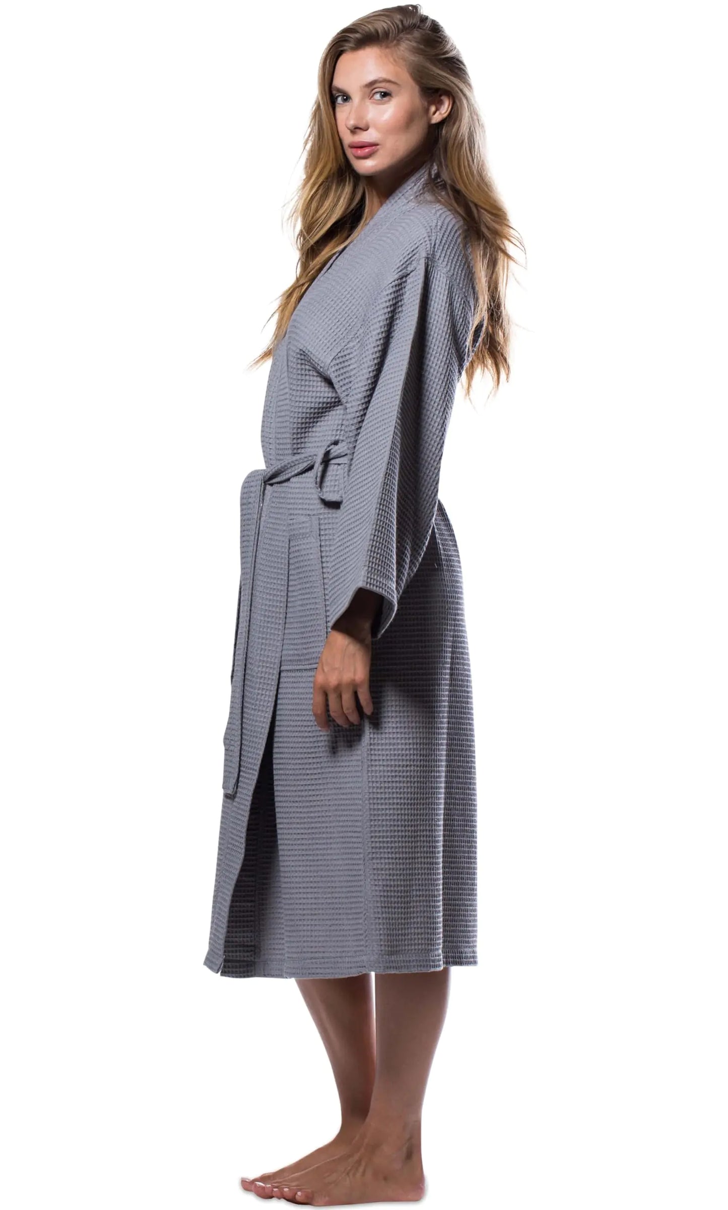 Turquaz Lightweight Full-Length Robes For Women Waffle Kimono Bathrobe - Soft, Fast-Drying, Long-Lasting Cotton Blend Unisex One Size Gray