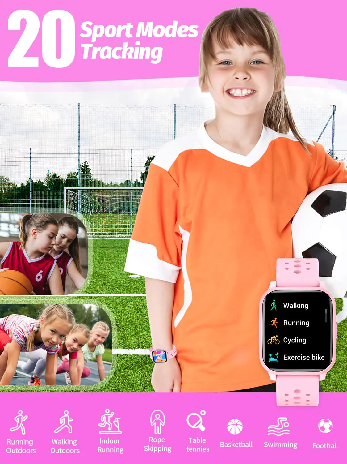 Kids Smart Watch Girls Boys, Smart Watch for Kids Game Smart Watch Gifts for 4-16 Years Old with Sleep Mode 20 Sports Modes 5 Games Pedometer Birthday Gift for Boys Girls (Pink) Pink