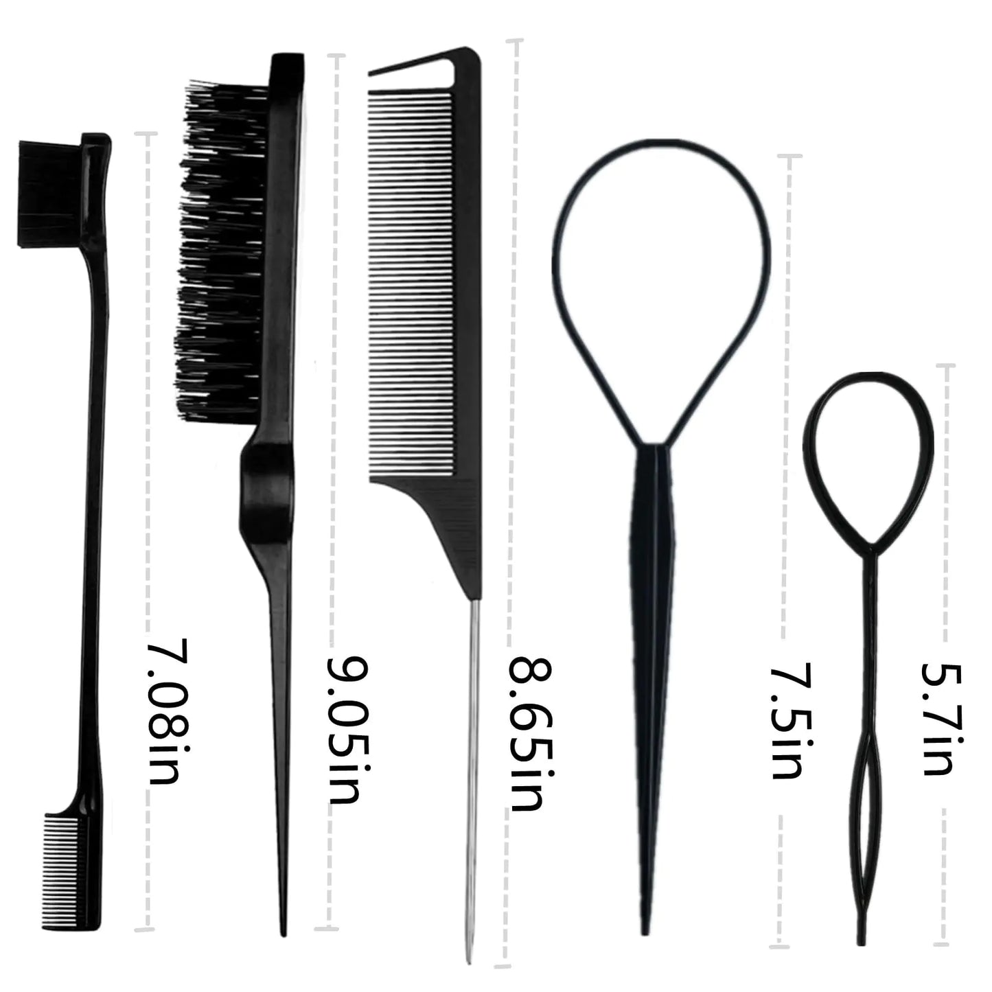 8Pcs Black Hair Brushes Set with 4Pcs Topsy Tail Tools, Teasing Bristle Brush, Edge Control Brush, and 2Pcs Metal Pin Rat Tail Combs for Women's Hair Styling and Brushing