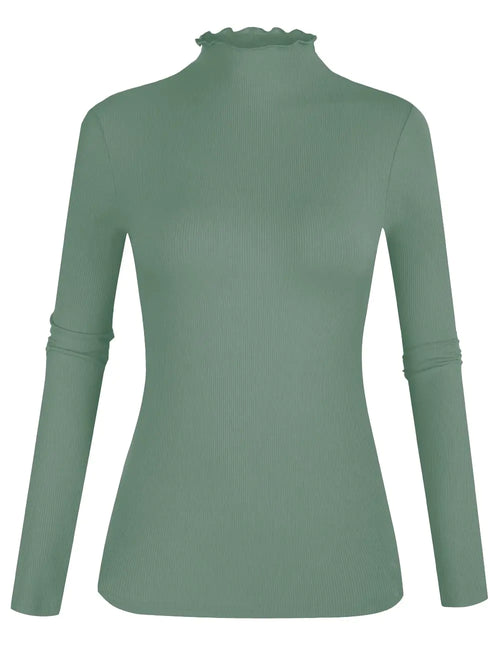 POPZONE Women's Lettuce Trim Mock Neck Long Sleeve Slim Fit Ribbed Knit Tee Shirt Tops Medium Grey Green-22