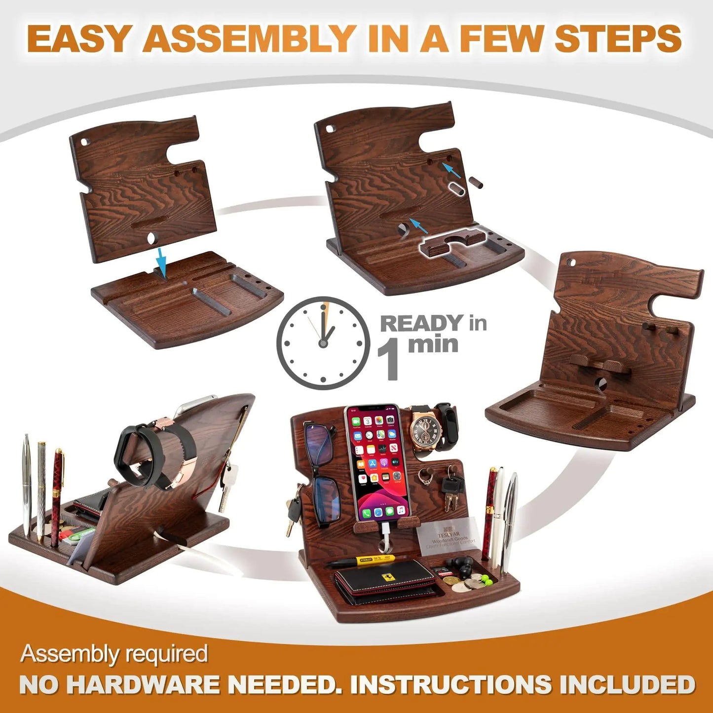 Wood Phone Docking Station Ash Key Holder Wallet Watch Stand Gadgets Organizer