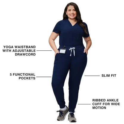 Medical Scrub Pants for Women - Mid Rise 4-Way Stretch Anti-Wrinkle Slim Fit Jogger Pants, Drawstring & 5 Pockets Medium Tall Navy Blue