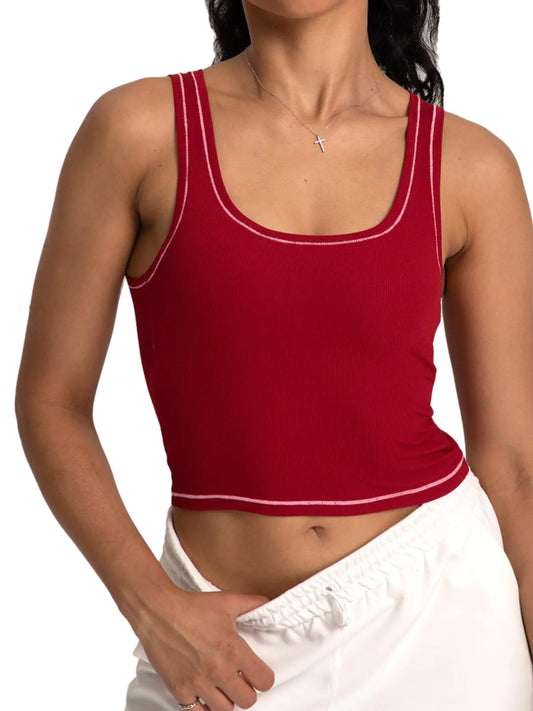 Danysu Women Rib Tank Top Padded Workout Top Square Neck Crop Tank Fitted Basic Cami Tops Red Apple X-Large