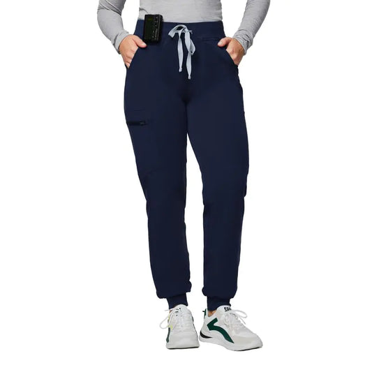 Medical Scrub Pants for Women - Mid Rise 4-Way Stretch Anti-Wrinkle Slim Fit Jogger Pants, Drawstring & 5 Pockets Medium Tall Navy Blue