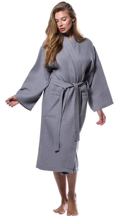 Turquaz Lightweight Full-Length Robes For Women Waffle Kimono Bathrobe - Soft, Fast-Drying, Long-Lasting Cotton Blend Unisex One Size Gray