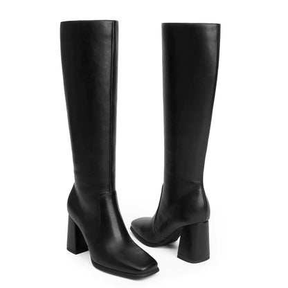 Modatope Knee High Boots Women Chunky Heel Square Toe Tall Boots for Women High Heel Side Zipper Long Boots 8 A-black