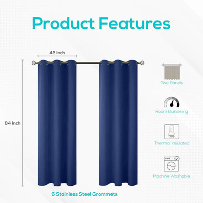 2 Pack Blackout Curtains for Bedroom with Grommet 42x84 inch Navy Blue