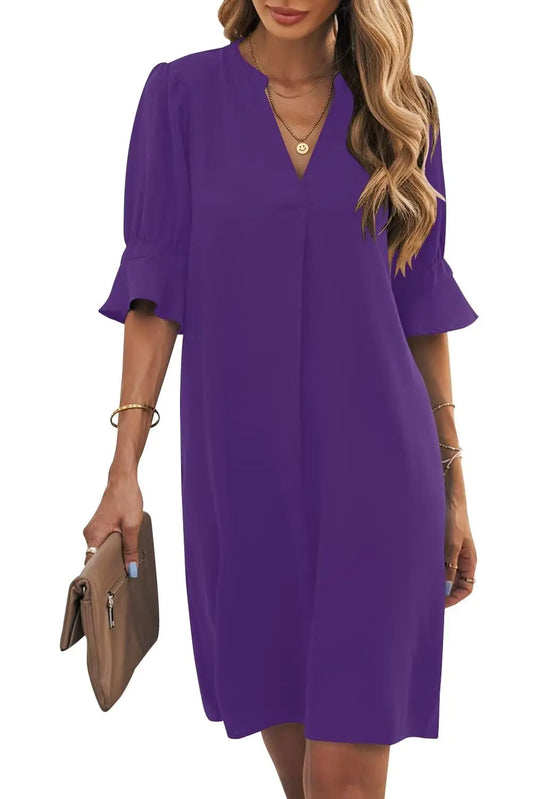 Wkior Shift Dress for Women V Neck Short Sleeves Solid Color Casual Flowy Summer Dresses(S-2XL) Medium B1-purple