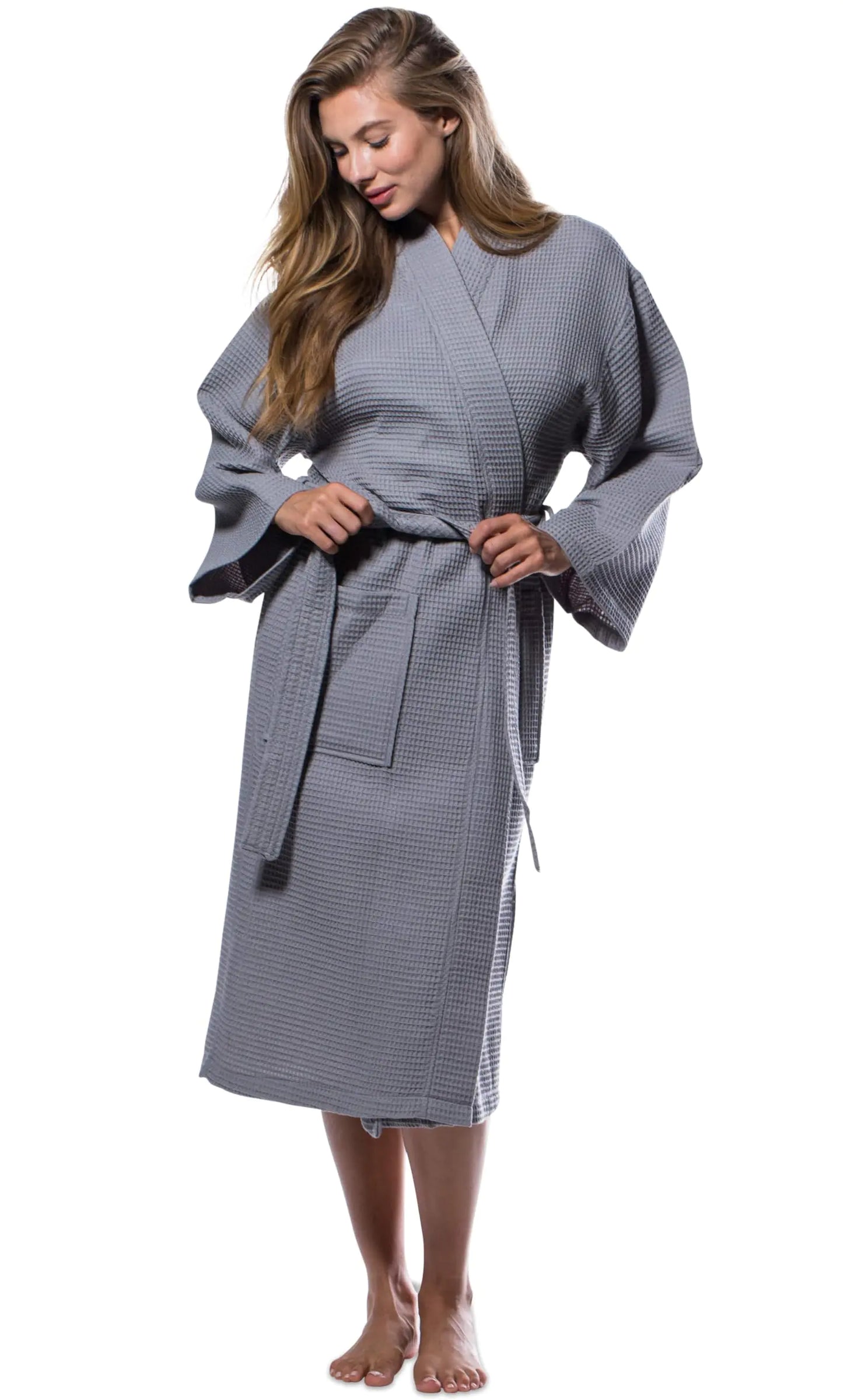 Turquaz Lightweight Full-Length Robes For Women Waffle Kimono Bathrobe - Soft, Fast-Drying, Long-Lasting Cotton Blend Unisex One Size Gray