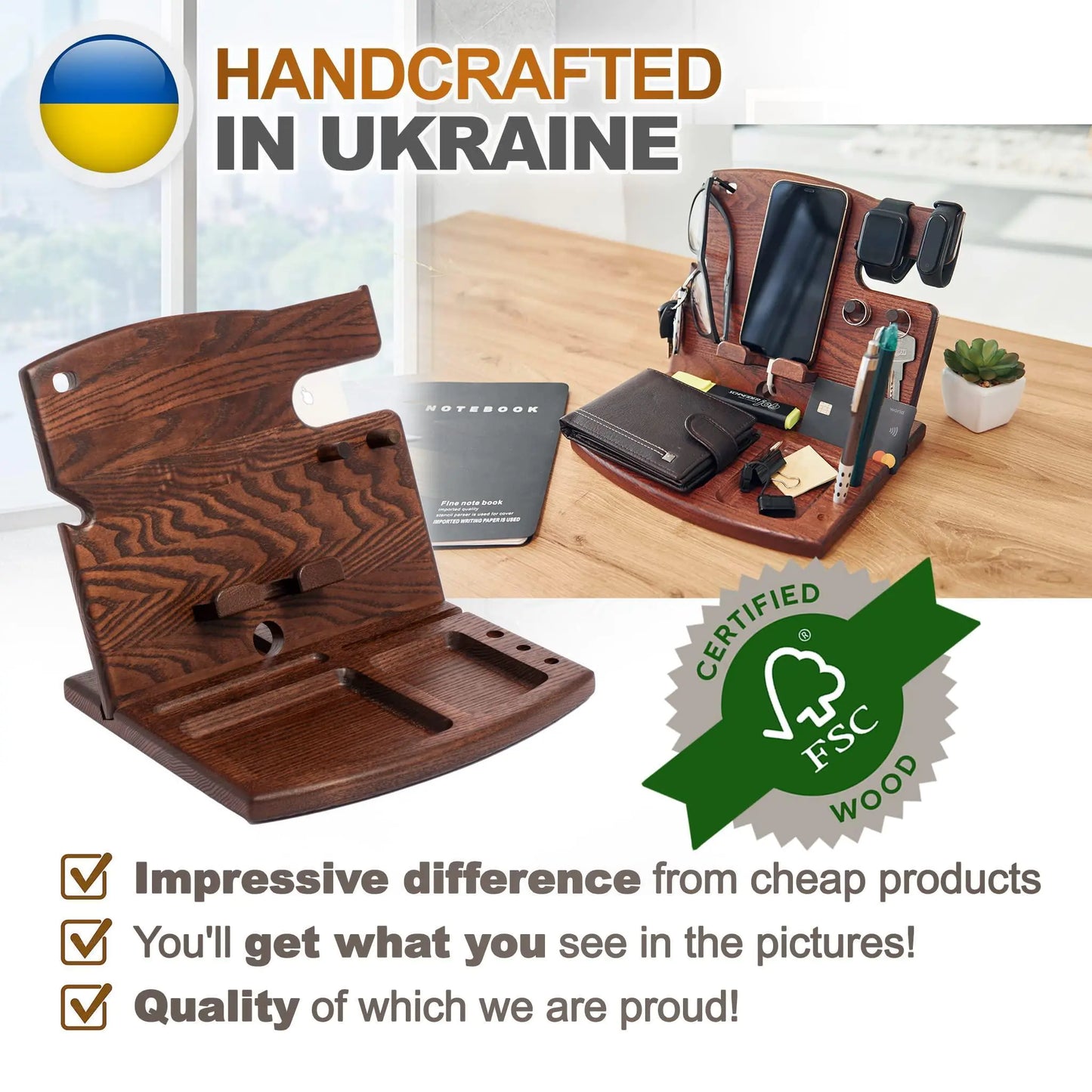 Wood Phone Docking Station Ash Key Holder Wallet Watch Stand Gadgets Organizer