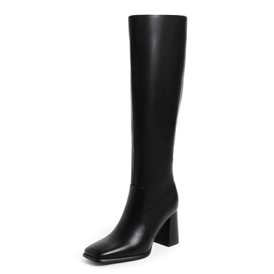 Modatope Knee High Boots Women Chunky Heel Square Toe Tall Boots for Women High Heel Side Zipper Long Boots 8 A-black