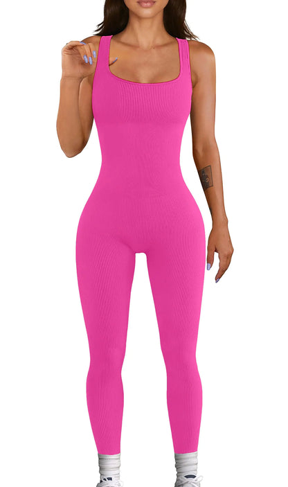 Women Workout Seamless Jumpsuit Yoga Ribbed Bodycon One Piece Tank Top Leggings Romper Medium 05rose