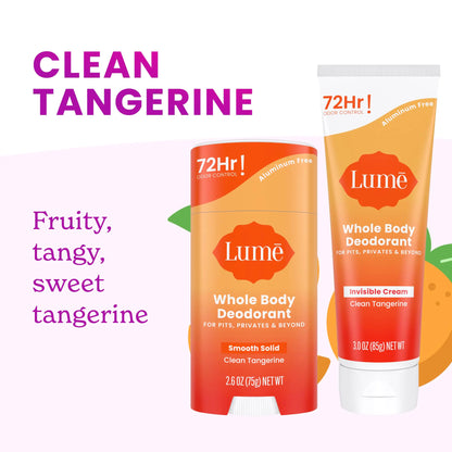 Lume Whole Body Deodorant - Invisible Cream Tube and Solid Stick - 72 Hour Odor Control - Aluminum Free, Baking Soda Free, Skin Safe - 3.0 Ounce Tube and 2.6 Ounce Solid Stick Bundle (Clean Tangerine) Clean Tangerine