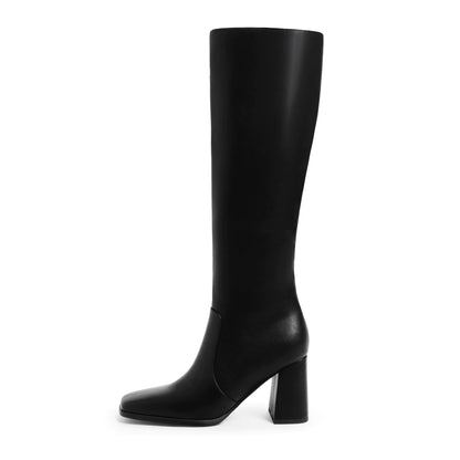 Modatope Knee High Boots Women Chunky Heel Square Toe Tall Boots for Women High Heel Side Zipper Long Boots 8 A-black