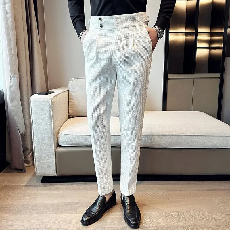 Autumn Winter Pantalones Hombre High Waist Waffle Business Casual Suit Pants for Men