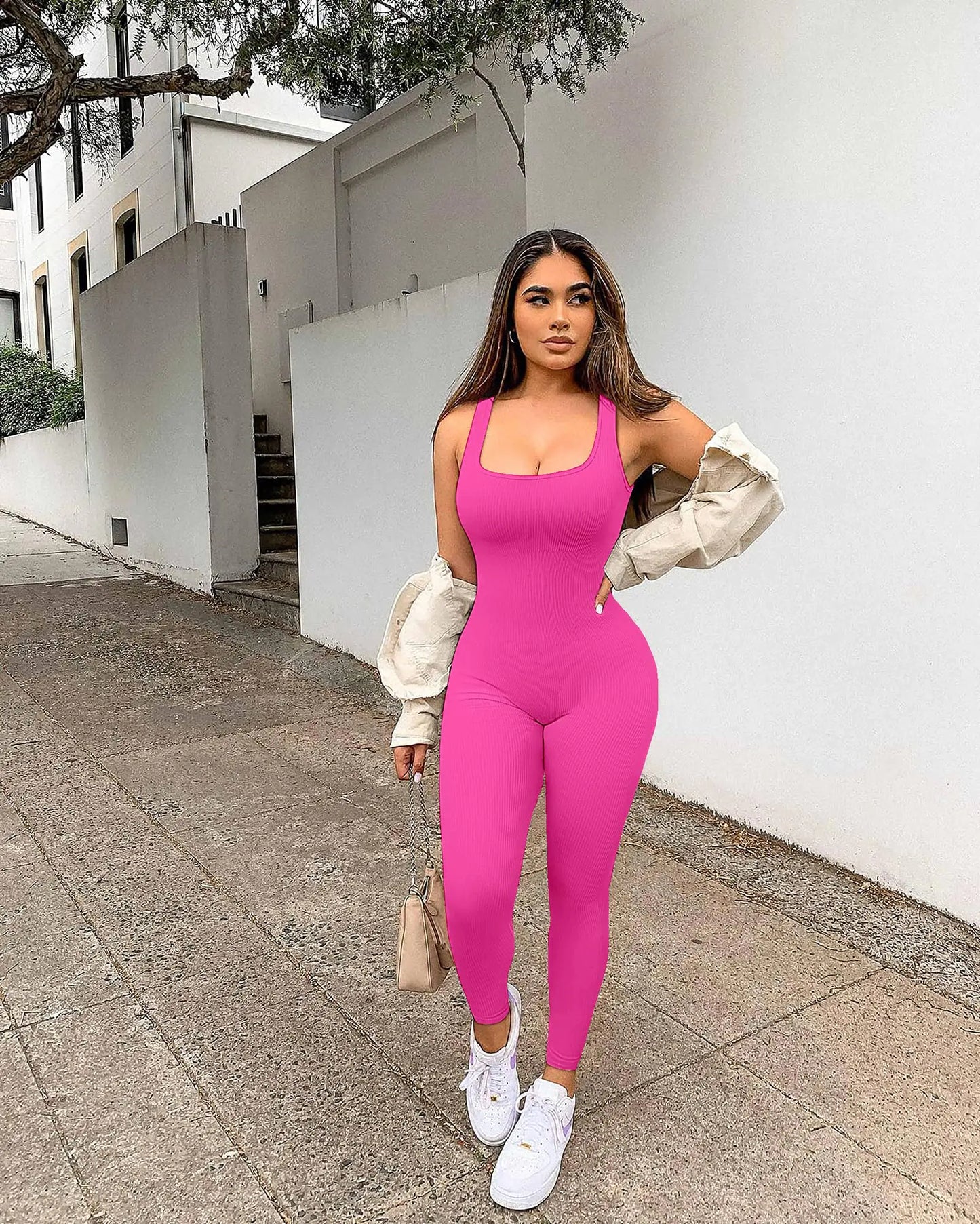 Women Workout Seamless Jumpsuit Yoga Ribbed Bodycon One Piece Tank Top Leggings Romper Medium 05rose