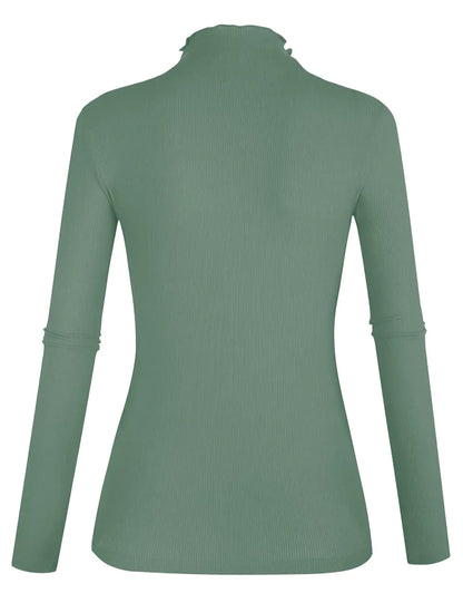 POPZONE Women's Lettuce Trim Mock Neck Long Sleeve Slim Fit Ribbed Knit Tee Shirt Tops Medium Grey Green-22