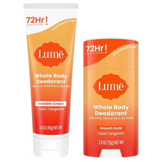 Lume Whole Body Deodorant - Invisible Cream Tube and Solid Stick - 72 Hour Odor Control - Aluminum Free, Baking Soda Free, Skin Safe - 3.0 Ounce Tube and 2.6 Ounce Solid Stick Bundle (Clean Tangerine) Clean Tangerine