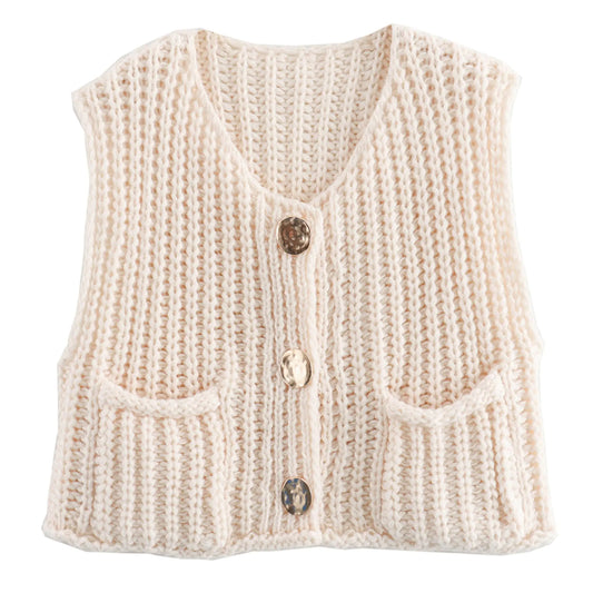 Hixiaohe Womens Crochet Chunky Knit Top Sleeveless Button Down Crop Tops Trendy Cardigan Sweater Vest for Women with Pockets Beige Small