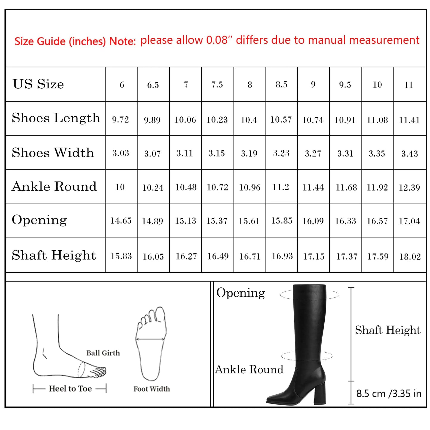 Modatope Knee High Boots Women Chunky Heel Square Toe Tall Boots for Women High Heel Side Zipper Long Boots 8 A-black